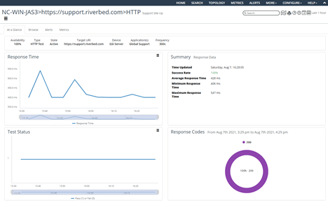 The Synthetic Test Object View page shows at-a-glance results, browser configs, associated alarms and metrics.