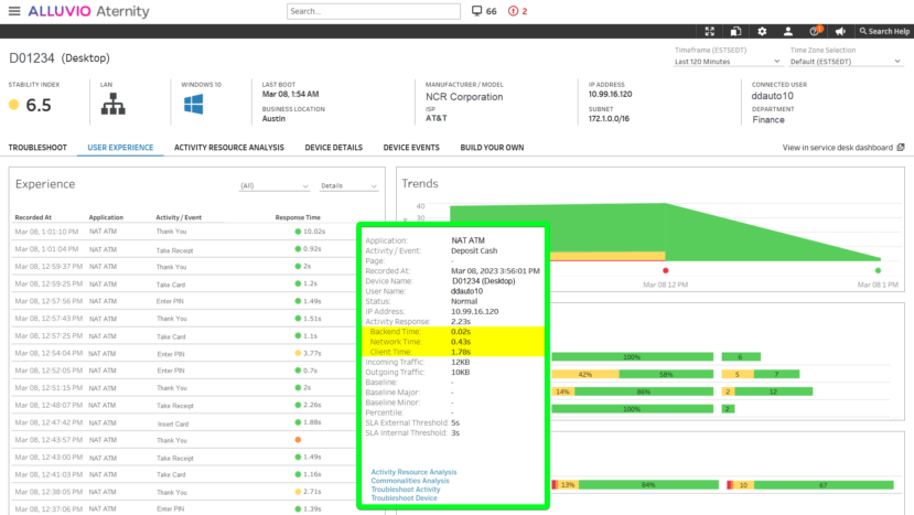 Alluvio Aternity User Transaction dashboard